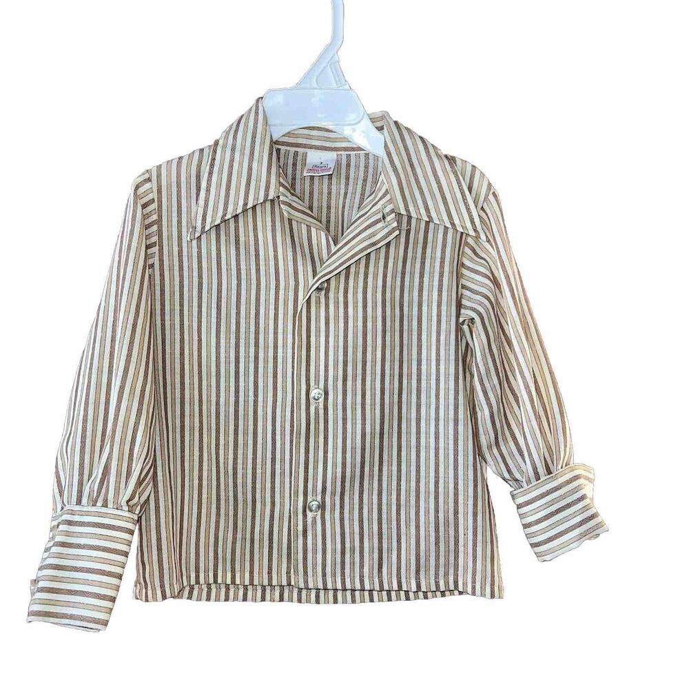 Vintage Sears Perma Prest Boys Shirt Size 3 Brown Tan Stripes 70s
